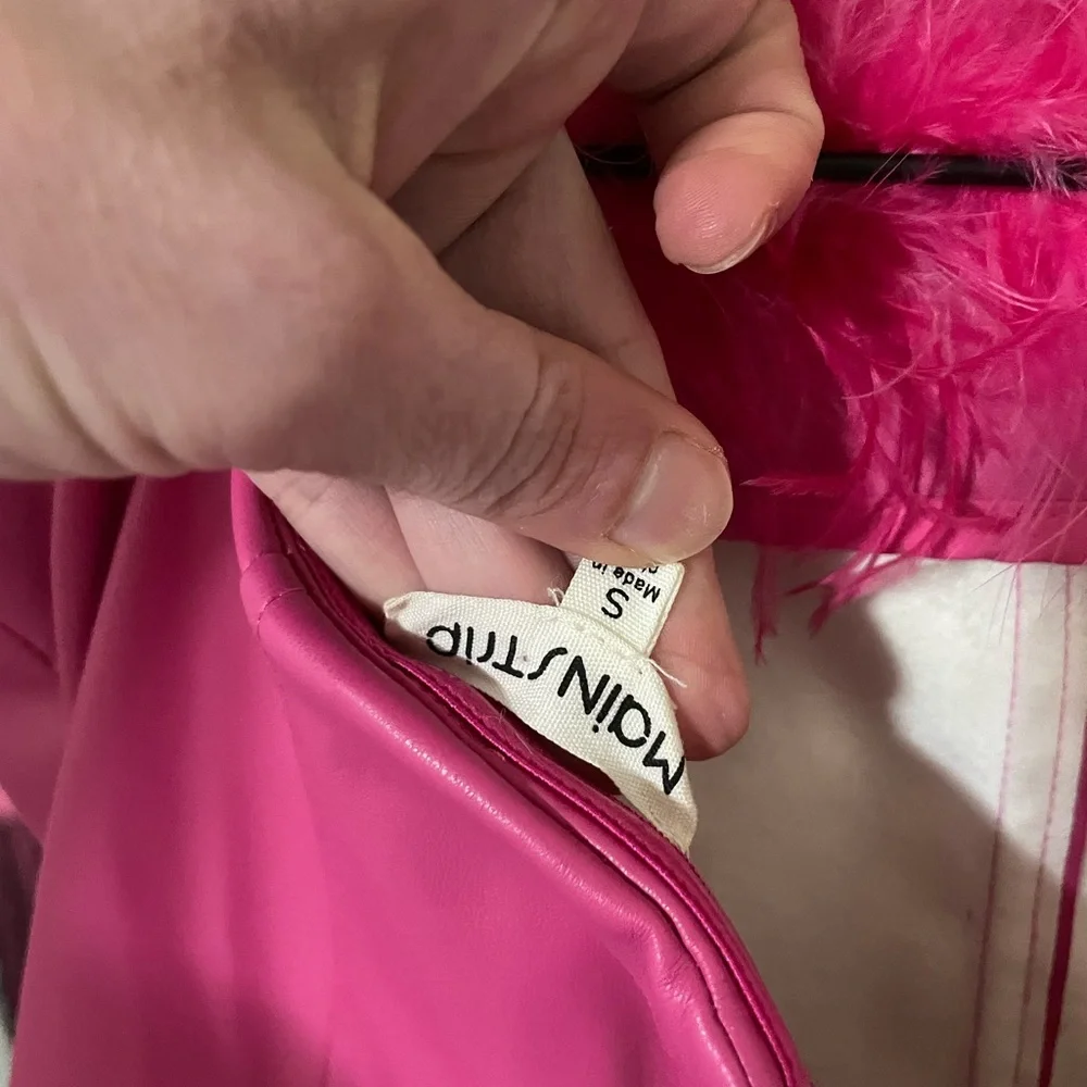 Boutique pink faux leather feather trimmed dress - Picture 3 of 6